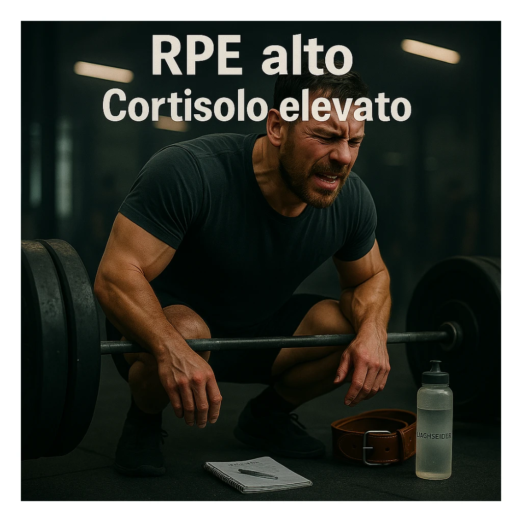 Replace the floating icons above the head with clear and readable Italian text: 'RPE alto' and 'Cortisolo elevato', maintaining the cinematic style and original color palette of the image. sticker