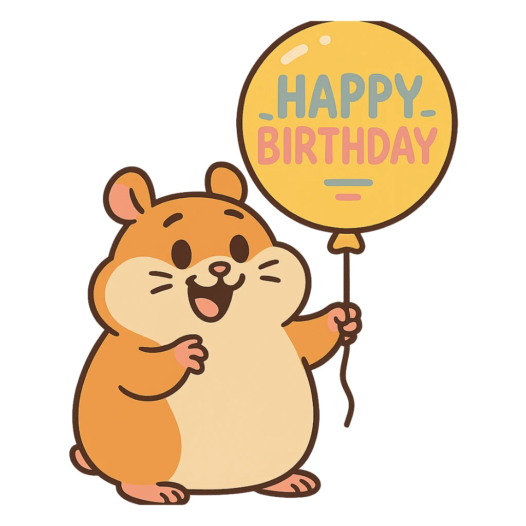 hamster holding a colorful balloon with 'Happy Birthday' text, pastel-toon style sticker