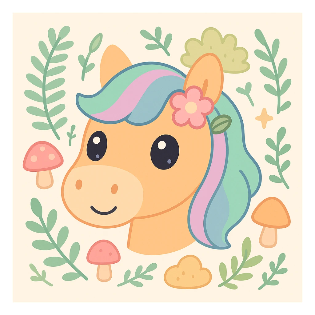Add more forest details around the cute horse head, such as ferns, moss, mushrooms, and leafy branches, in kawaii style with big eyes, pastel colors, simple shapes, and nature details. sticker