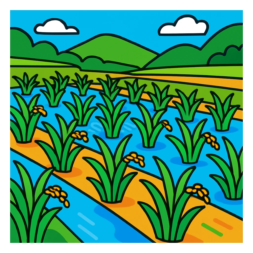 stylized rice field with green plants and water, cartoon style sticker