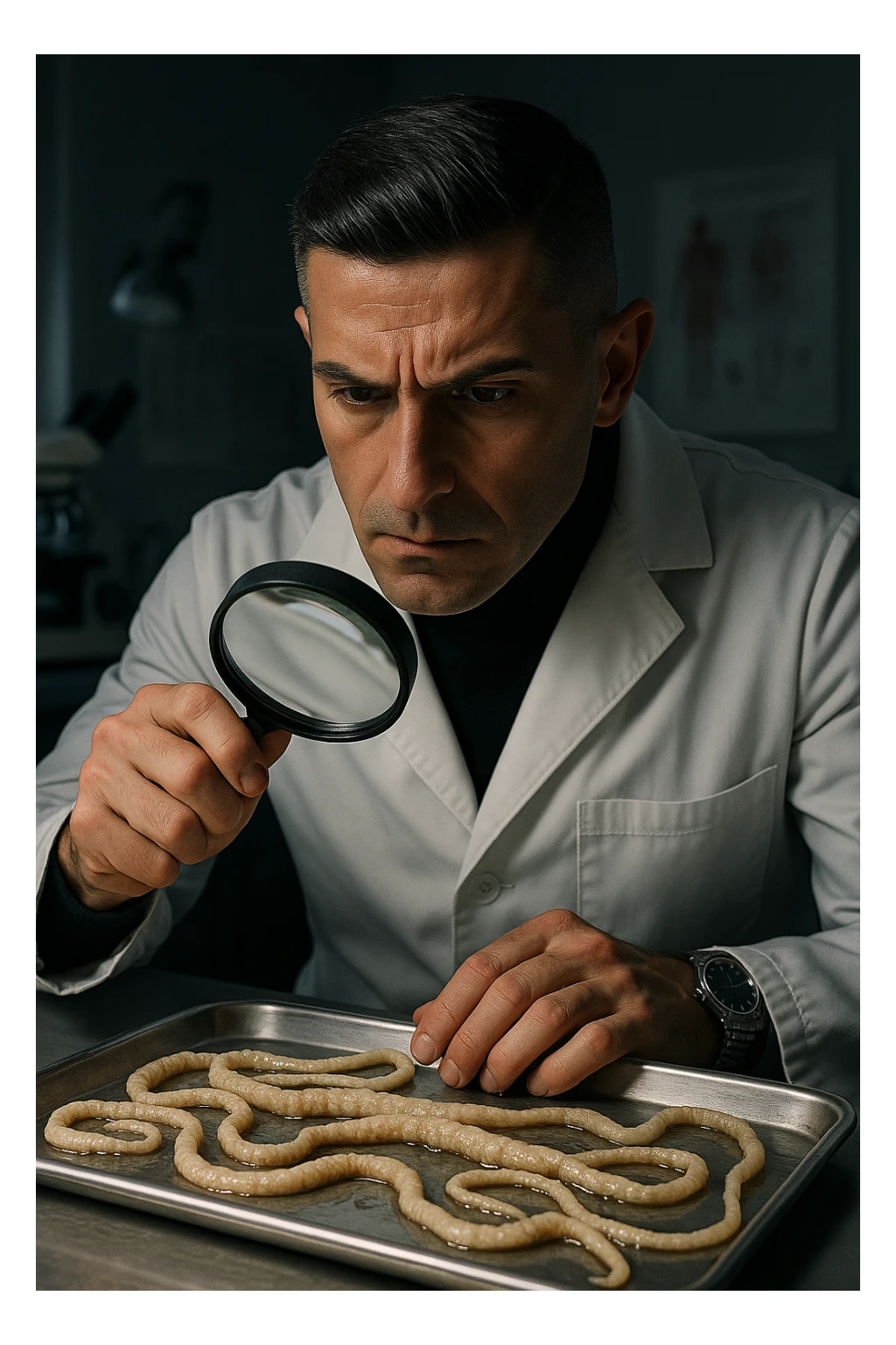 A middle-aged male kinesiologist wearing a pristine white lab coat, intensely analyzing long, beige tapeworms (like Taenia) under a magnifying glass. His expression is focused and slightly concerned, with dramatic studio lighting casting sharp shadows. The parasites are highly detailed, moist, and textured, stretched across a sterile metal tray. The background is blurred but suggests a clinical environment—hints of a microscope, medical charts, and clean lab equipment. The style is hyper-realistic, with a cinematic contrast between the bright white coat and the grotesque, organic forms of the parasites. No sci-fi elements, just raw medical realism with a disturbing edge sticker