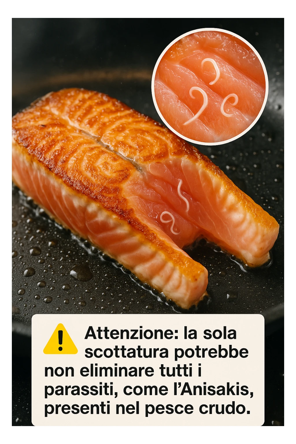 a close-up of a salmon fillet being lightly seared in a hot pan, with the outer layer cooked but the inside still raw. An inset magnifies the interior, showing visible Anisakis parasites surviving in the uncooked portion. A warning icon and educational text explain that searing alone may not eliminate all parasites. in italiano sticker
