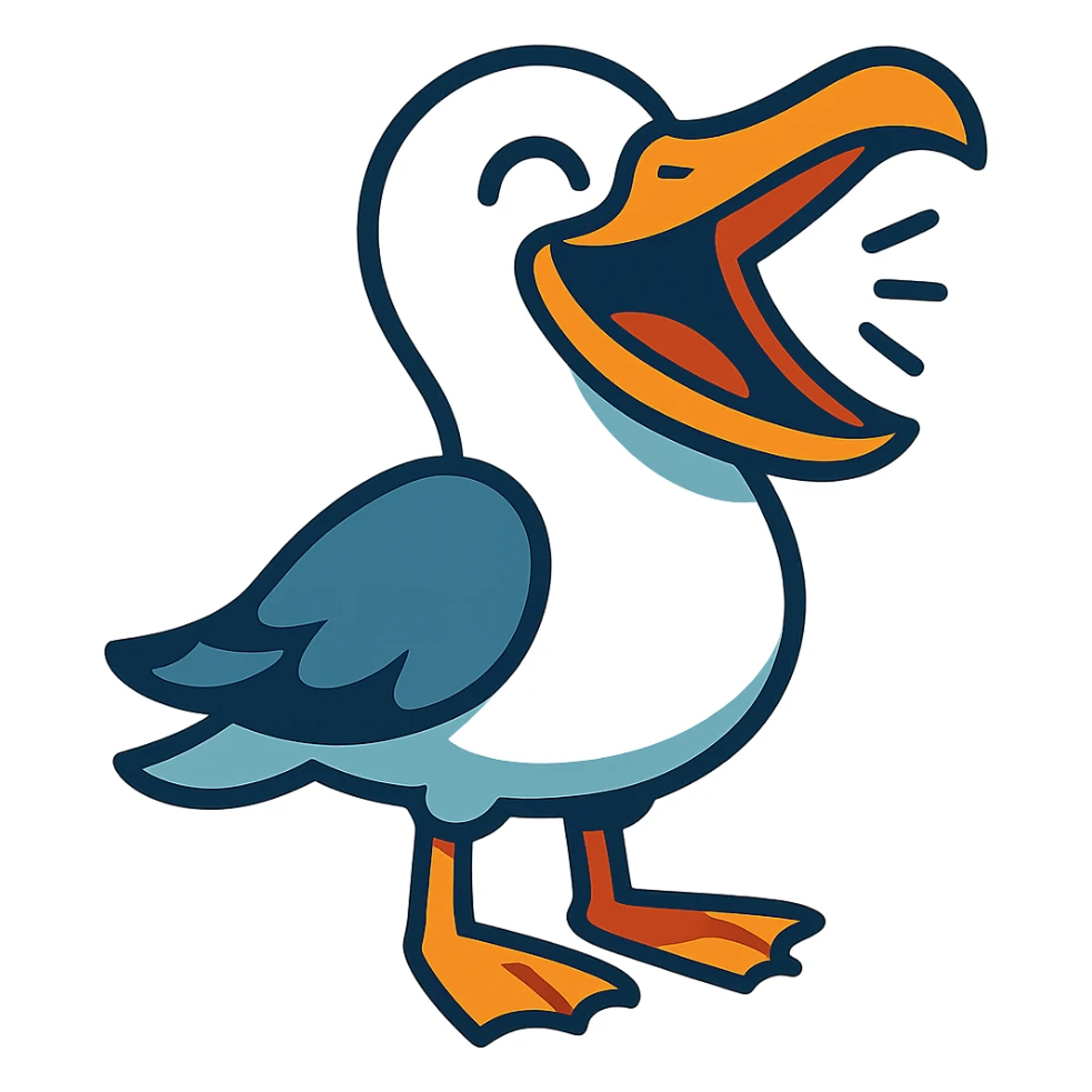 a seagull with its beak wide open, laughing, cartoon style, vibrant toon style sticker