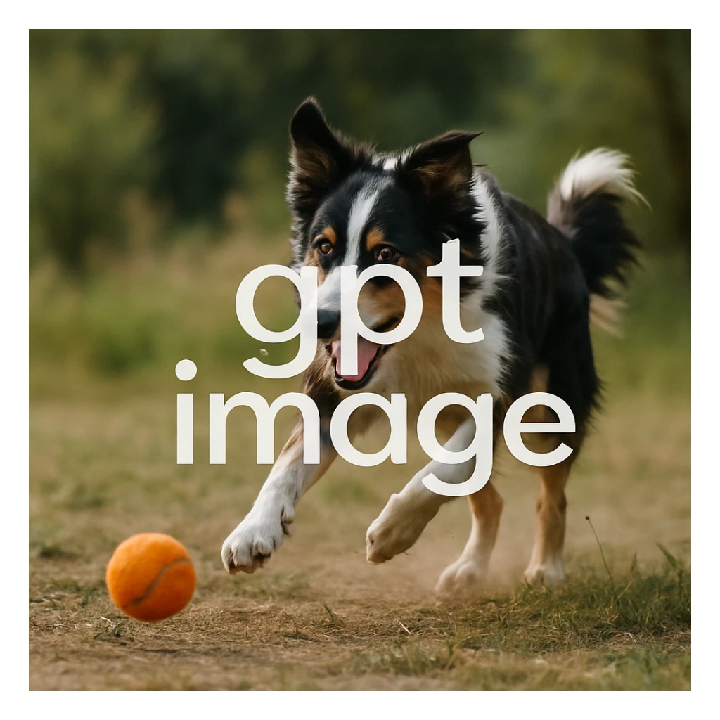  logo with text "gpt image" on the background of a dog chasing ball, realistic image sticker
