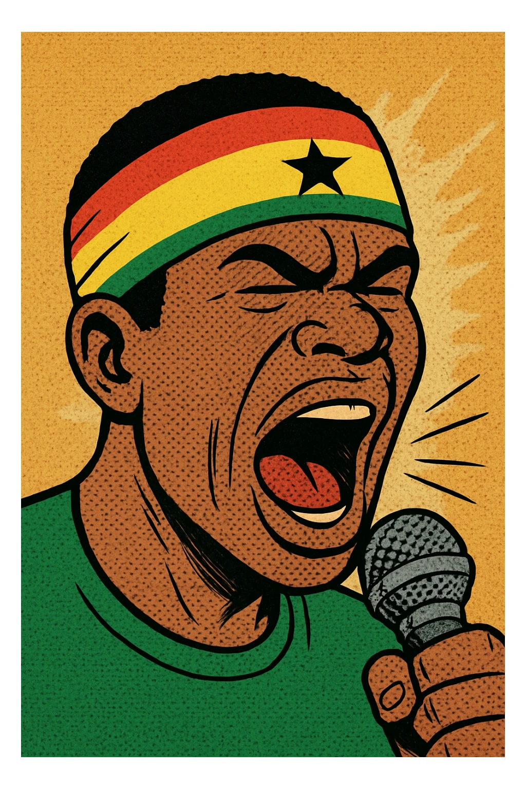 cartoon talking head with a Ghana flag headband, mouth wide open, shouting into a microphone, expressive, colorful comic style sticker