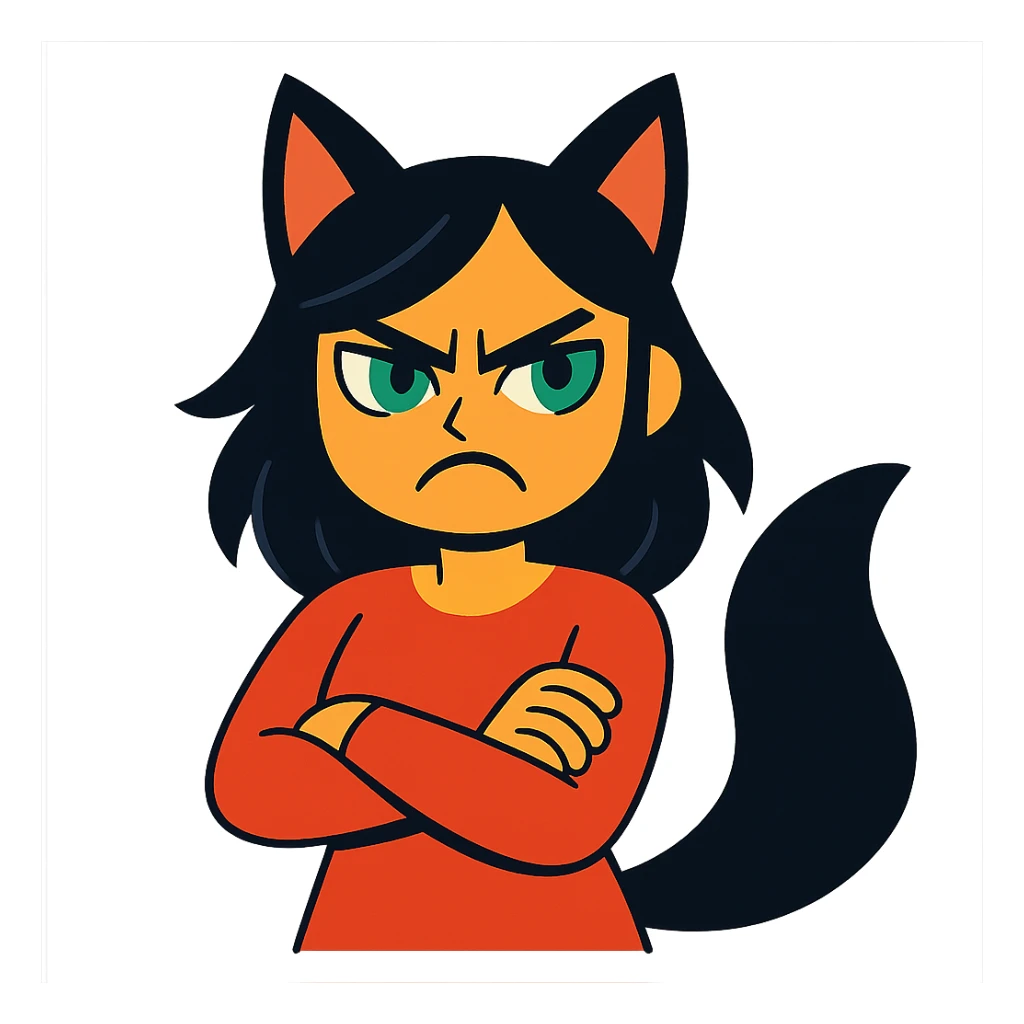 A girl with black fox ears and a tail, green eyes, dark hair, looking angry sticker