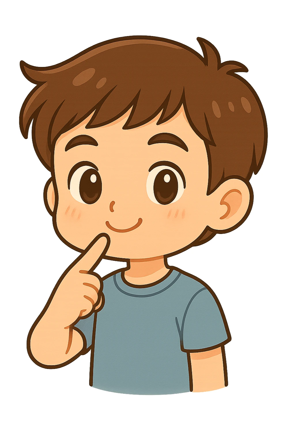Add a finger pointing to the boy's chin, keep the chibi cartoon style, with no background. sticker