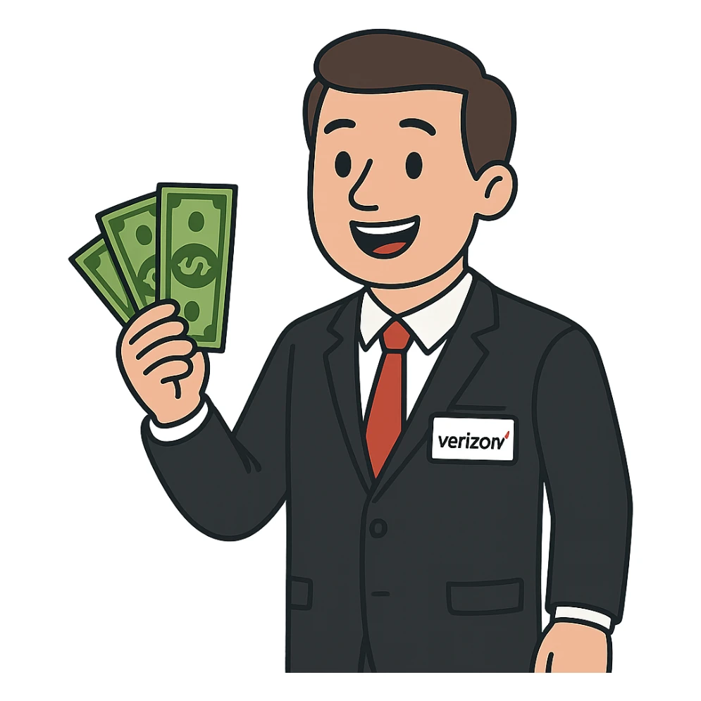 flat toon style Verizon sales man holding cash sticker