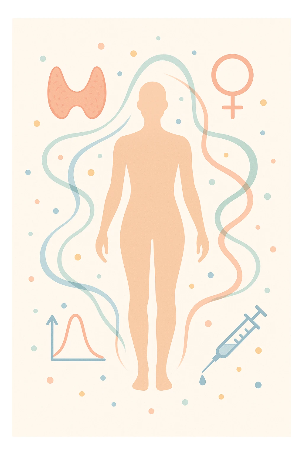 Il corpo è circondato da simboli delicati e bilanciati che rappresentano equilibrio ormonale e metabolico: piccoli cerchi, flussi energetici colorati, simboli stilizzati di tiroide, picco insulina, estrogeni.  sticker