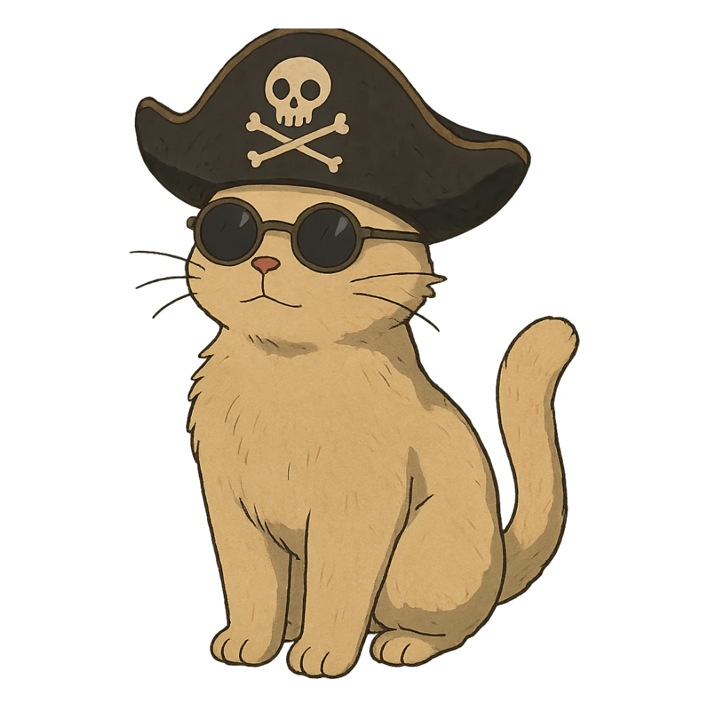 ghibli style cat wearing sunglasses and a pirate hat sticker