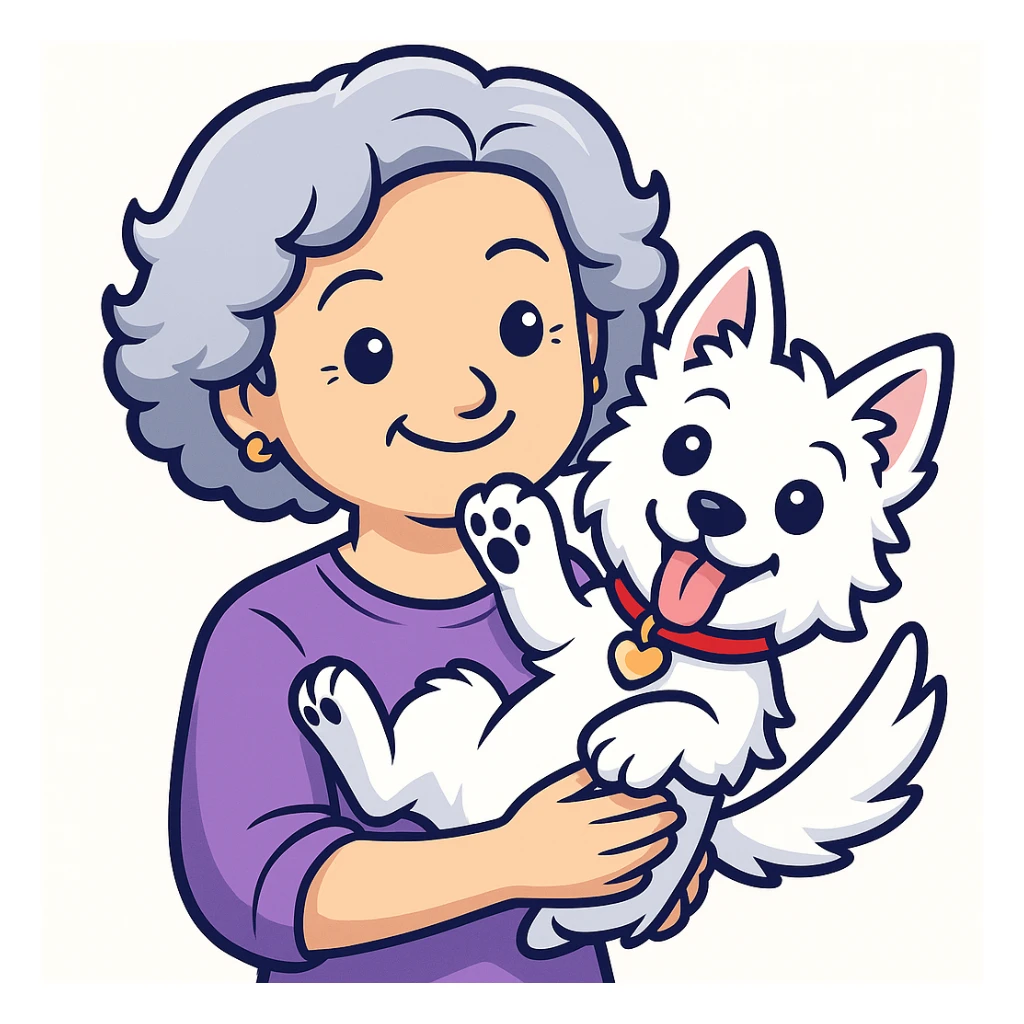 Make the Westie dog playful, with a fun pose or playful expression, keep the 50-year-old lady with silver curly hair smiling (originally sticker style) sticker