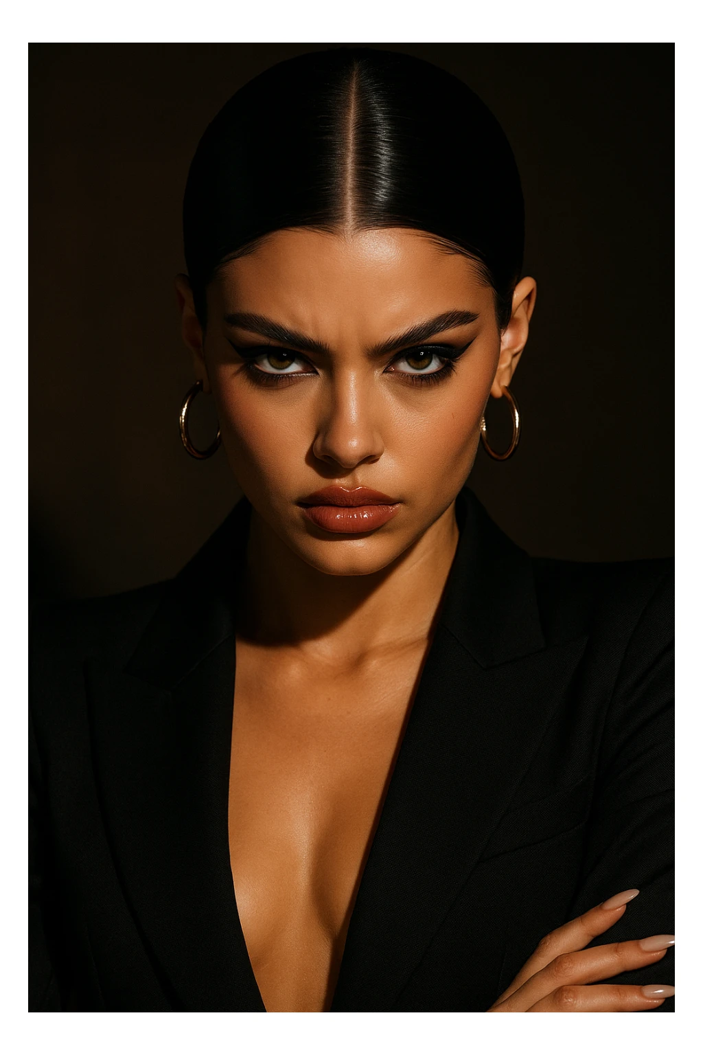 baddie with sleek dark hair, hazel eyes, small nose, glossy lips, fierce pose sticker