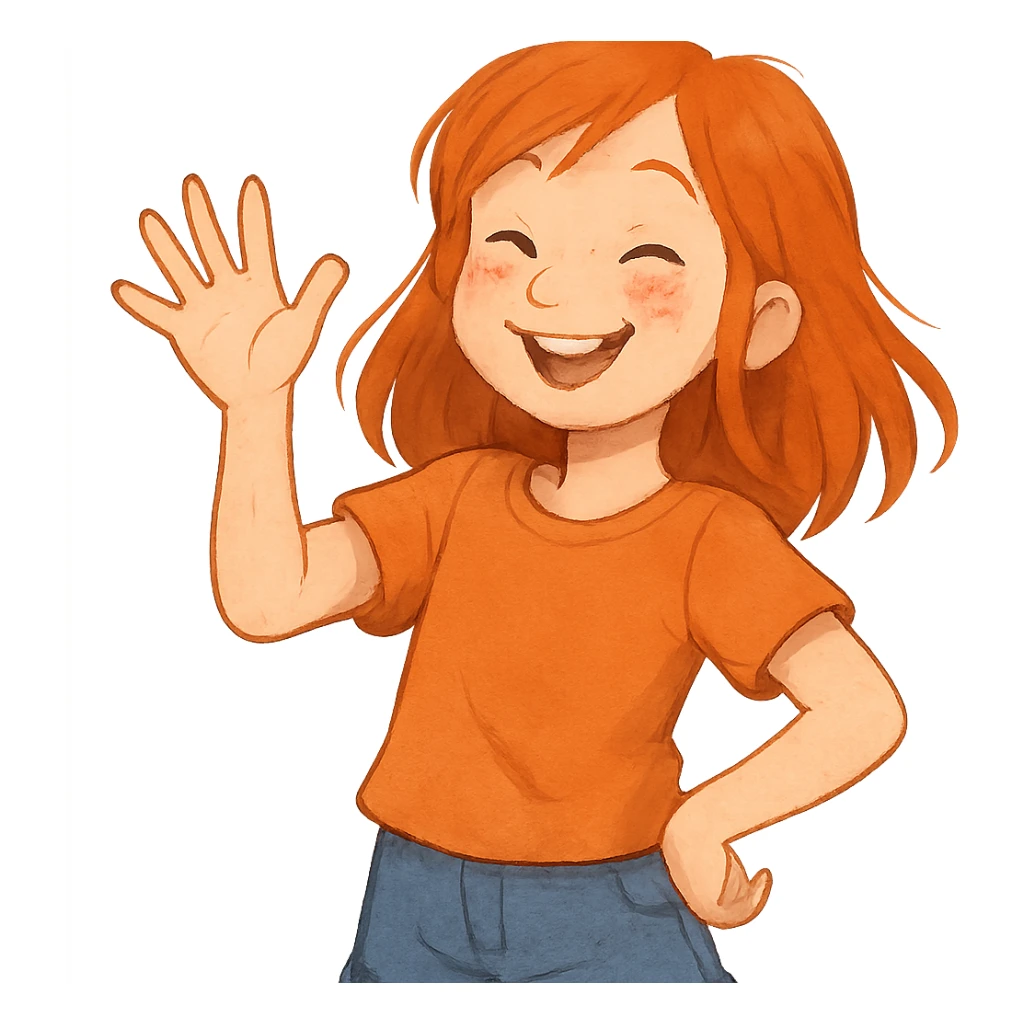 red-haired girl in a playful pose, smiling and waving sticker