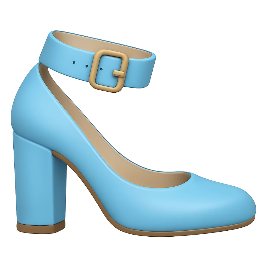 Edit the image to depict a light blue high heel shoe with a slightly flatter and very thick heel in the style of Apple emojis. The background should be transparent. sticker