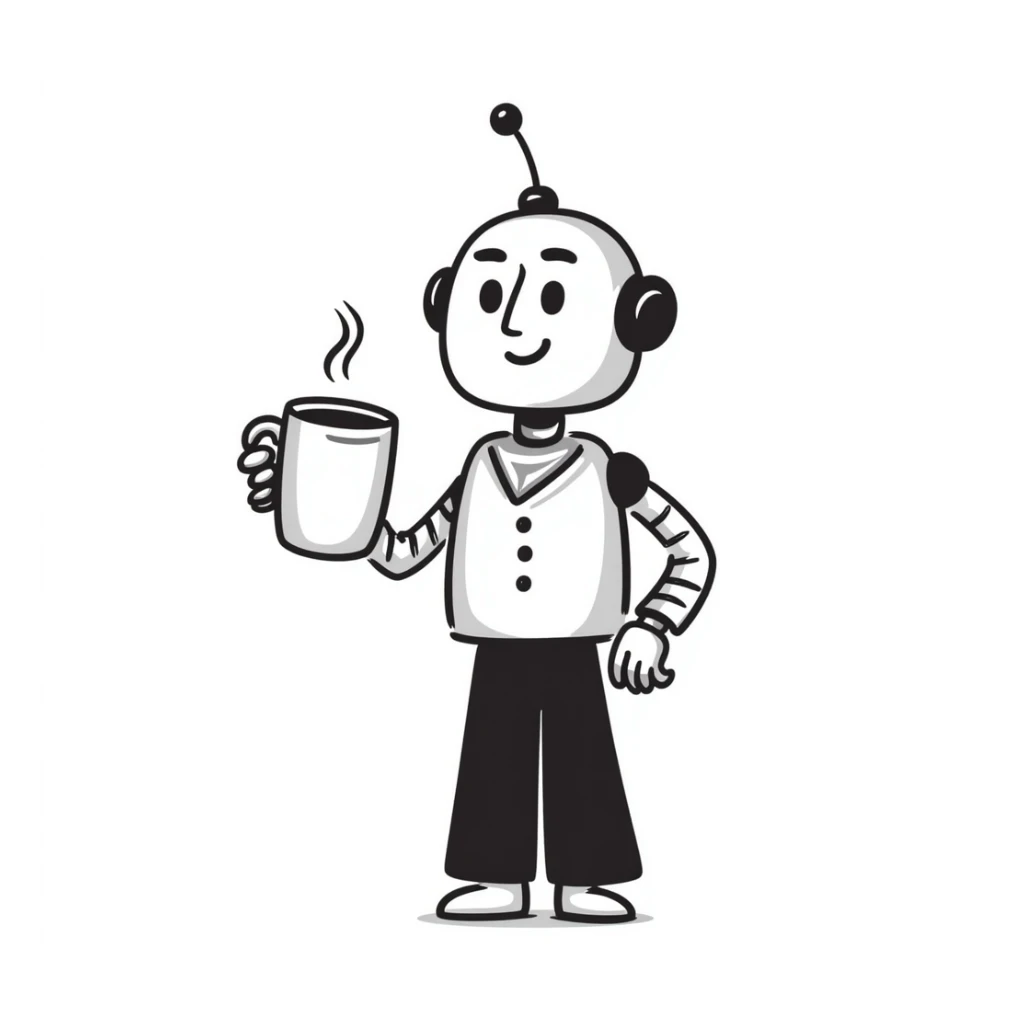 A hand-drawn robot character happily holding a coffee mug sticker