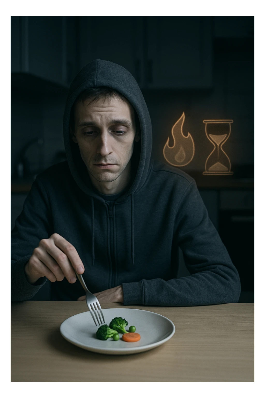 Slim man in his 30s sitting at a table with a tiny portion of food, looking tired and cold, wearing a hoodie indoors. Pale skin, low energy expression, dark circles under eyes. His plate has only a few vegetables and no protein or carbs. Dim kitchen background, slow metabolism symbolized by a dimmed internal flame or sluggish hourglass near him. sticker