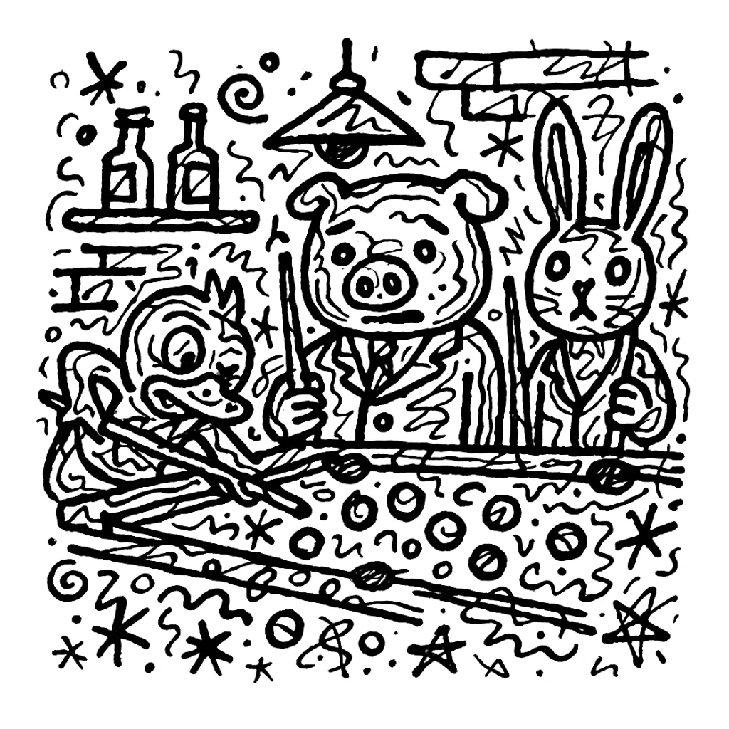 Edit the image of a duck, pig, and rabbit playing pool in a bar. Make the background completely white and all strokes and lines black, maintaining the chaotic doodle style for coloring. sticker