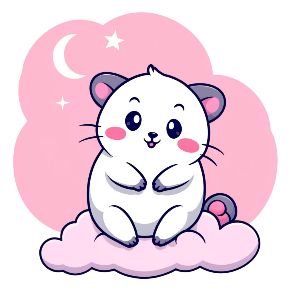 pink possum sitting on a fluffy cloud, surrounded by stars and moons, vibrant colors, mischievous or slightly evil expression, sparkles everywhere sticker