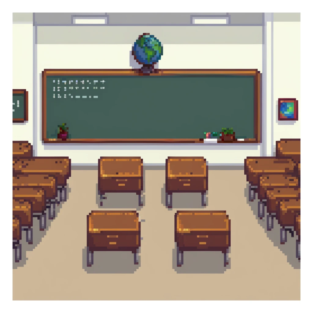 classroom with a group of students interacting in pixel art style sticker