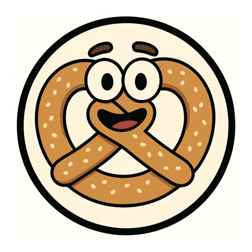 little alchemy style icon
subject: pretzel
border: medium-black
shape: round, circular
background: white
style: full color fill with medium black outlining sticker