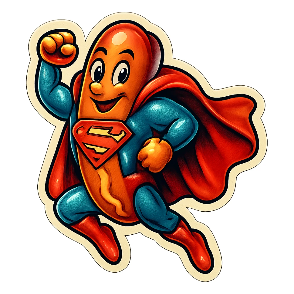 hot dog dressed as Superman, superhero pose, cape, nostalgic stickers, bold gradients, and soft borders evoke an 80s-90s glossy aesthetic sticker