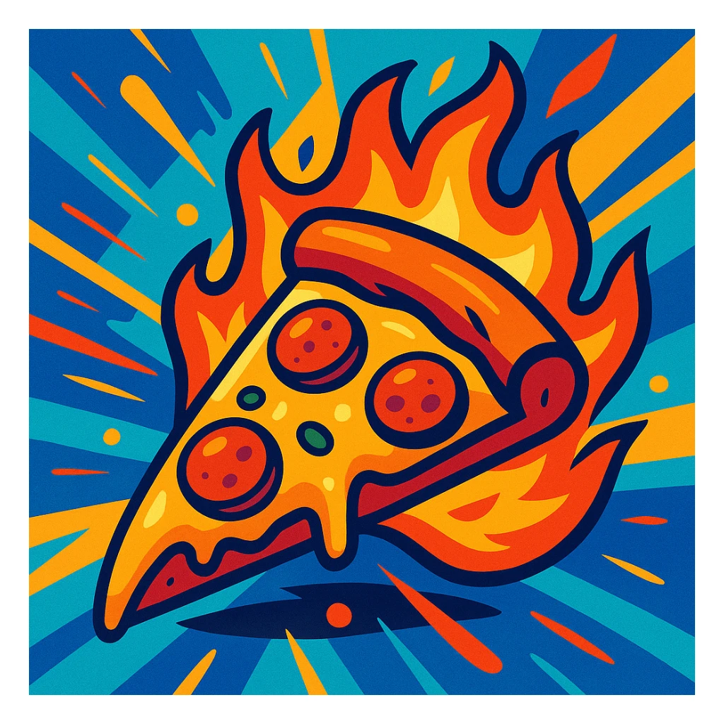 pizza slice on fire, cartoon style, vibrant and dynamic, bold colorful, energetic illustration sticker