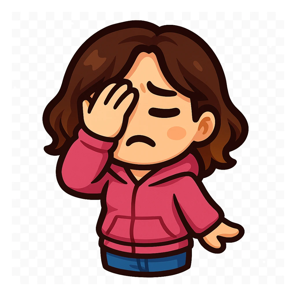 Create a chibi emote of a woman from the reference wearing a pink hoodie and jeans, facepalming, no headband, no wand, matching the attached green heart emote as a base, transparent background sticker