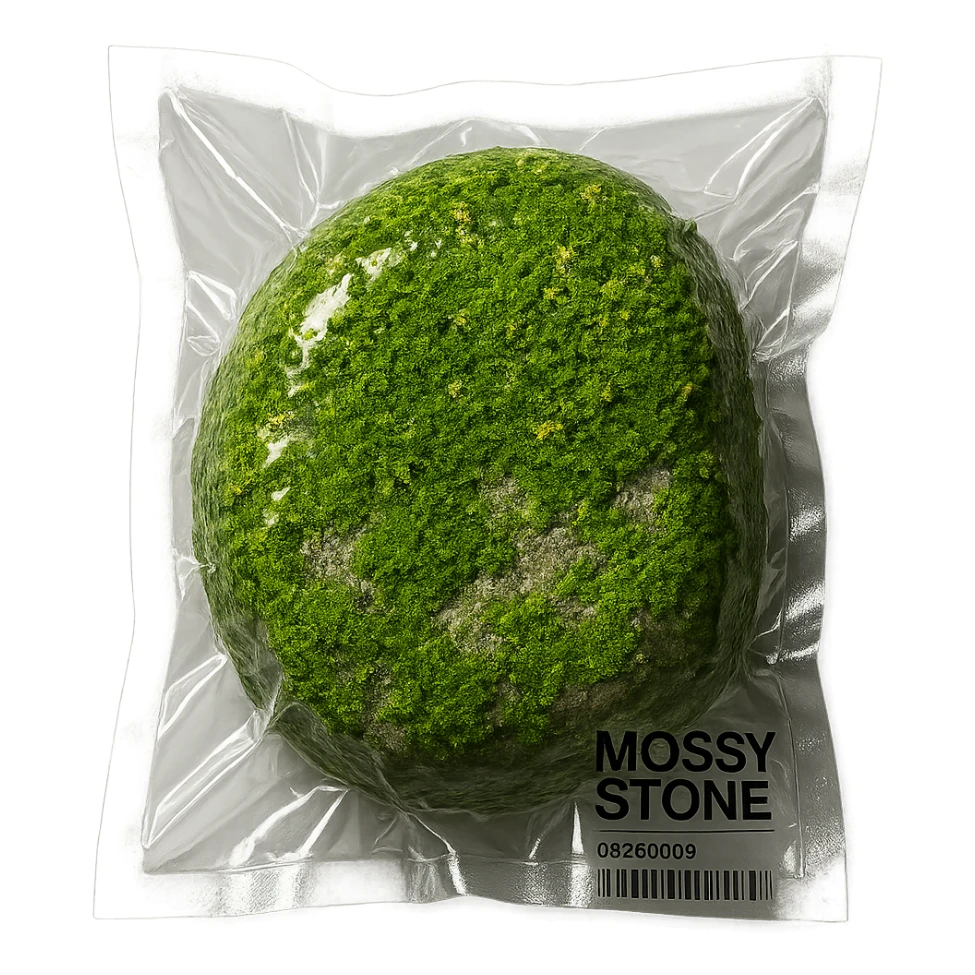 stone mostly covered in green moss with small flowers, glossy and puffy sticker