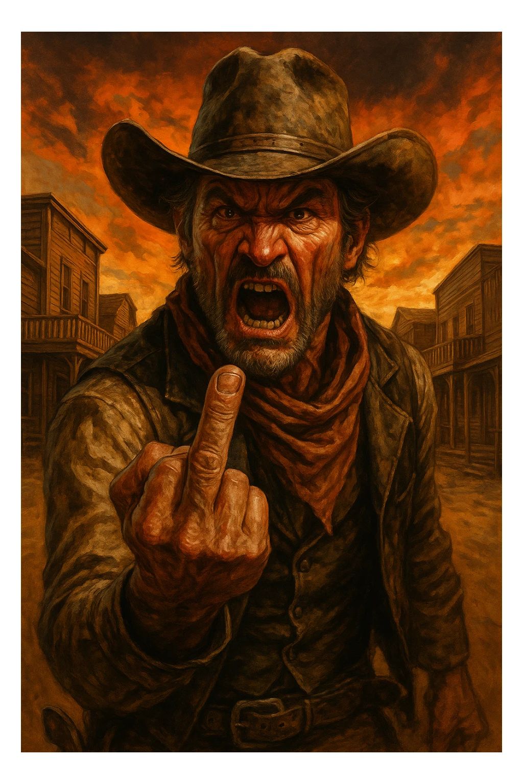 angry cowboy giving the middle finger, expressive and detailed sticker
