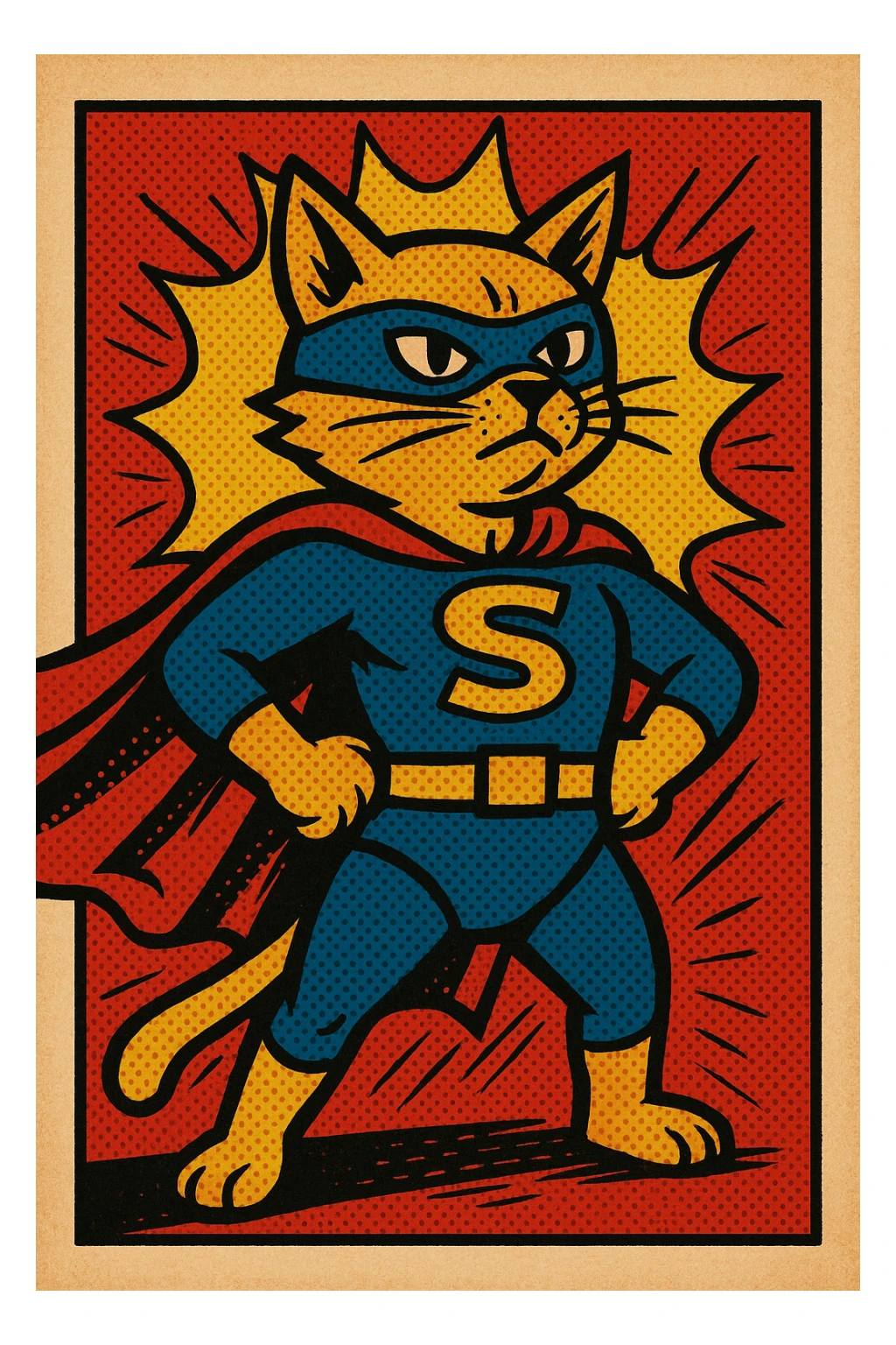 super cat in heroic pose with cape and mask, bold colors, comic style sticker