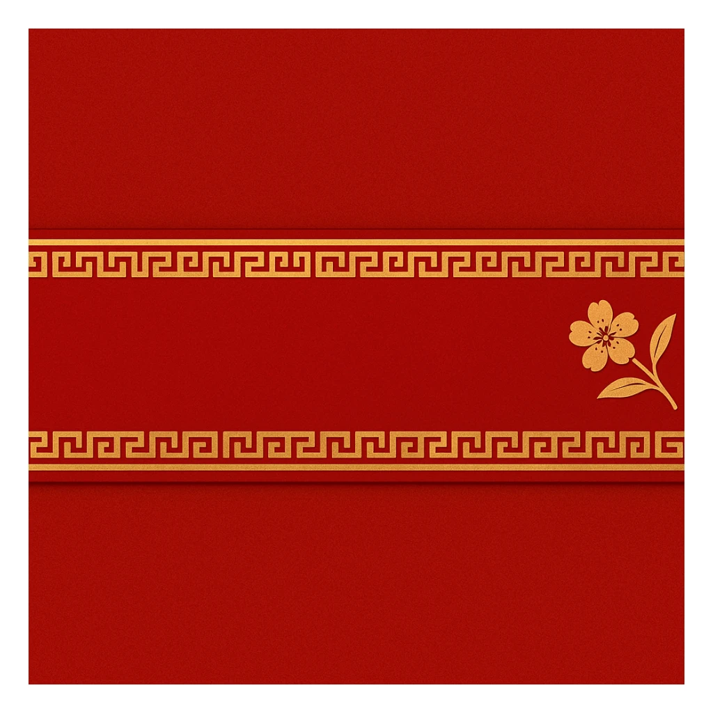 eastern style plaque for post signature, ultra long horizontal rectangle 1200x100px, only red and gold colors, with traditional Chinese pattern, minimal peach blossom accent, no text sticker