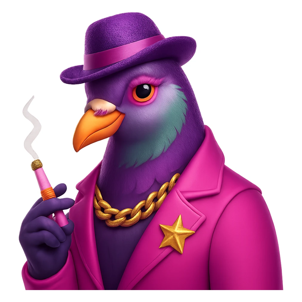 Make the pigeon more fabulous with a stylish hat, keep the cigarette, add vibrant and glamorous details in a 3D emoji style. sticker