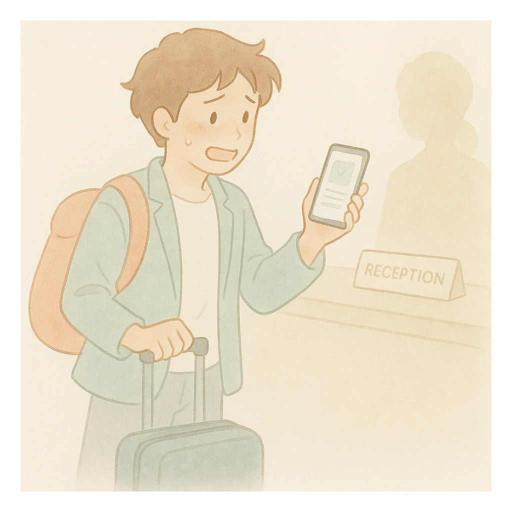 Create an illustration of a person with an excited, slightly nervous expression standing at a hotel reception desk, holding their luggage and a booking confirmation on their phone. The style should be soft watercolor with pastel colors, delicate linework, a gentle, whimsical mood, anime-inspired features, and minimal, soft shading. Maintain the original watercolor art style and mood. sticker