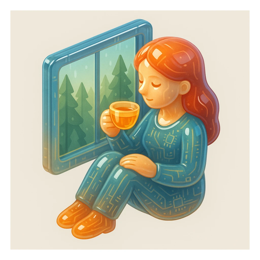 A woman enjoying tea by a window with a forest view sticker