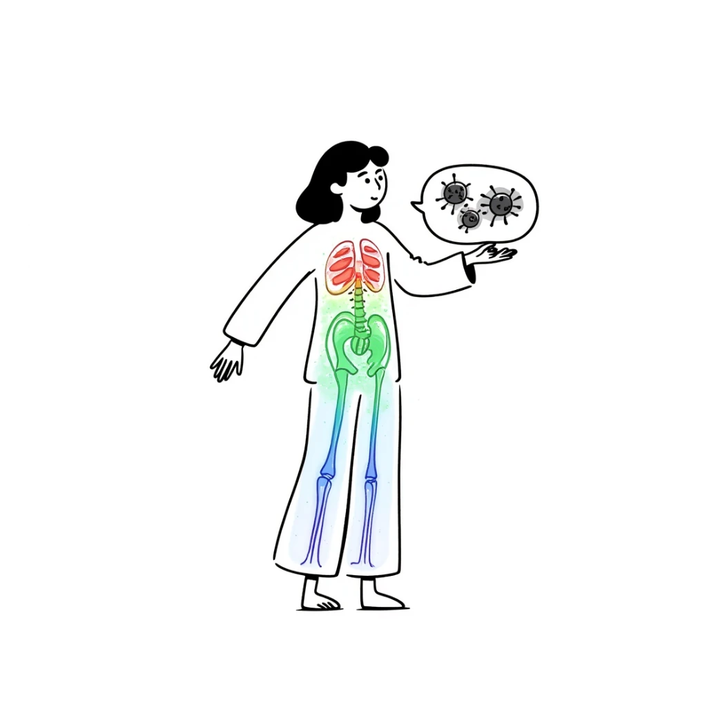 Conceptual medical illustration showing anti-inflammatory process: human body outline with glowing joints, blue and green healing energy radiating, red inflammation areas being neutralized, small view of calming immune cells, clean clinical aesthetic with futuristic medical background sticker