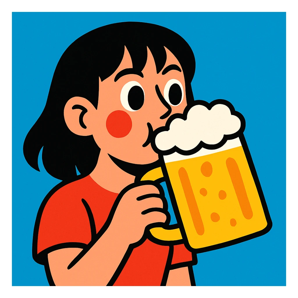 black haired girl drinking beer, vibrant cartoon style sticker
