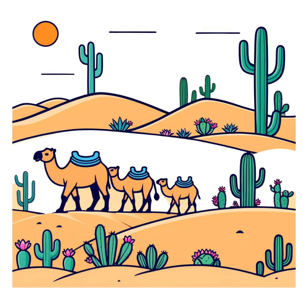 ￼ Make there be cactuses and tan sand, and in the flowers blooming on the cactuses camels with people riding on the camels sticker