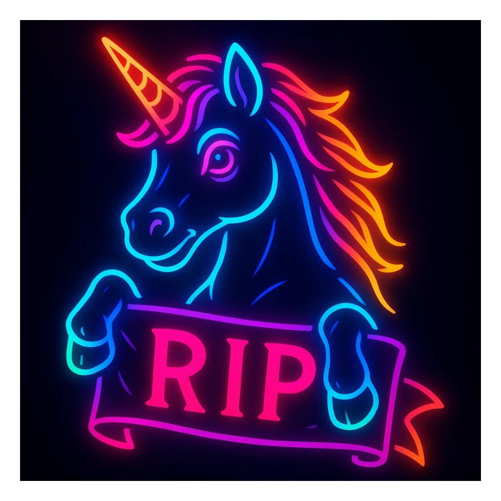 neon unicorn holding a RIP banner, glowing colors, bold and vibrant, dark background sticker