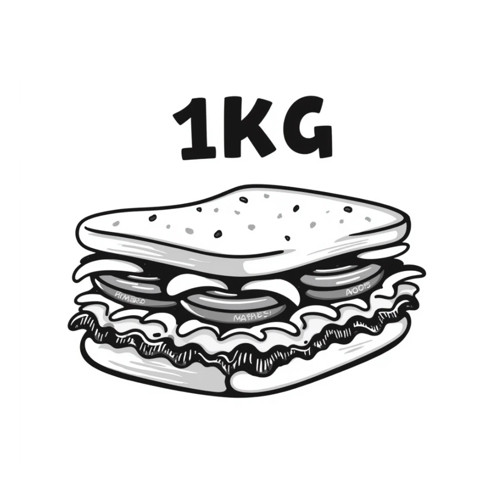 fun doodle of a huge sandwich with '1kg' in a playful, quirky font sticker