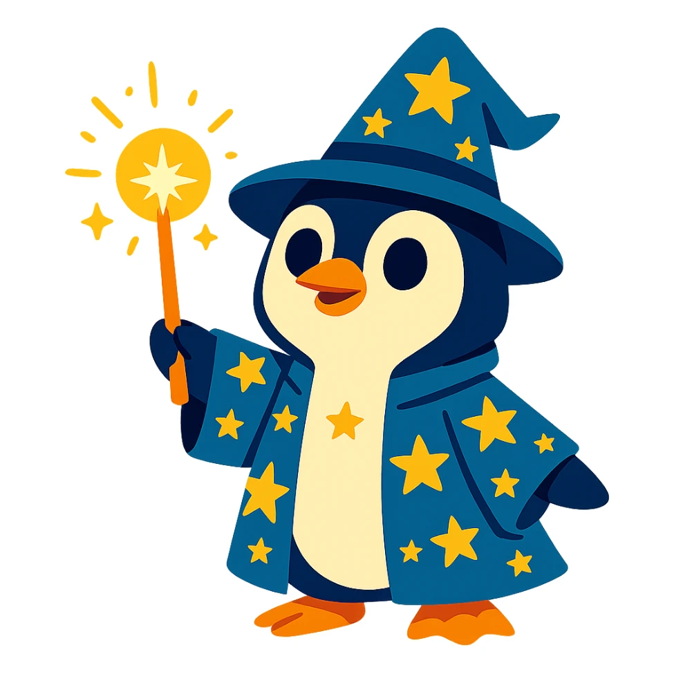 a cute penguin wizard holding a glowing wand, wearing a starry robe and hat sticker