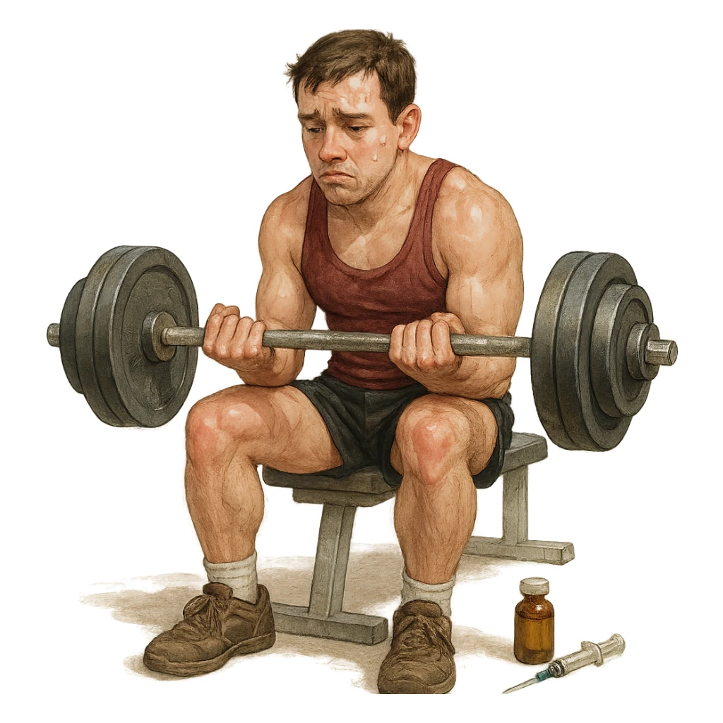 beginner bodybuilder training with weights too heavy, tired and doubtful look, syringe and bottle near feet, realistic details, isolated on white background sticker