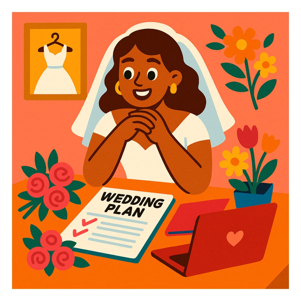 happy bride sitting at a table surrounded by wedding planning materials like a notebook, flowers, and a laptop, looking excited and focused, warm inviting style sticker