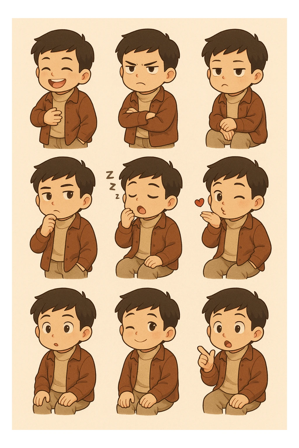 Convert the image into a set of chibi stickers (4x4 grid) outfit similar to this one including expressions of laughing being angry, crying, sulking, thinking, being sleepy, blowing kiss,winking, being suprised sticker
