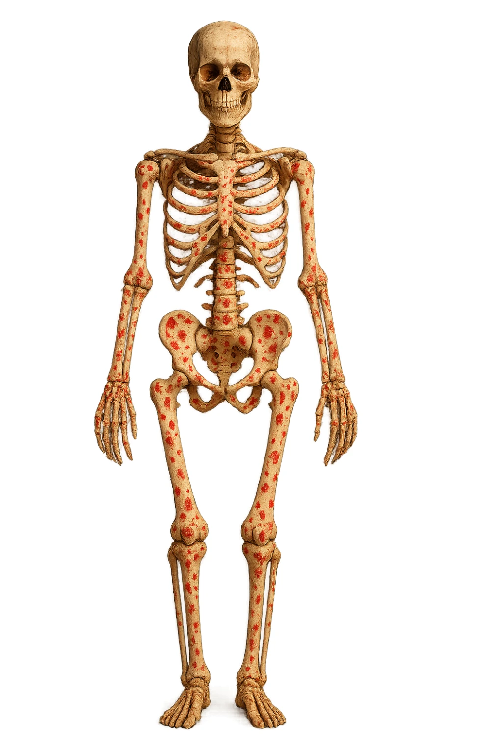 donna realistica a figura intera con red spot sparsi alle ossa, ossa del corpo visibili sul corpo, non sul volto iperrealistico 4k sticker