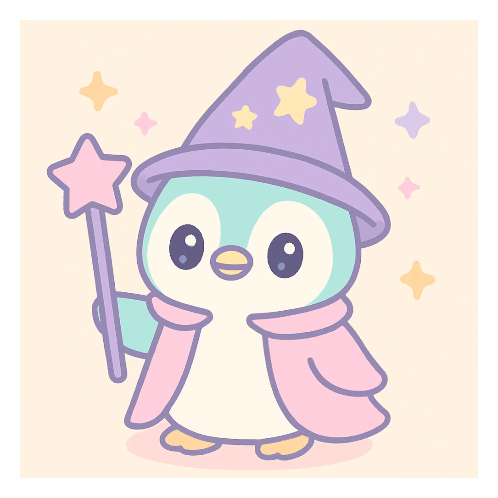 cute cartoon style penguin dressed as a wizard, with a pointy hat and a magic staff sticker
