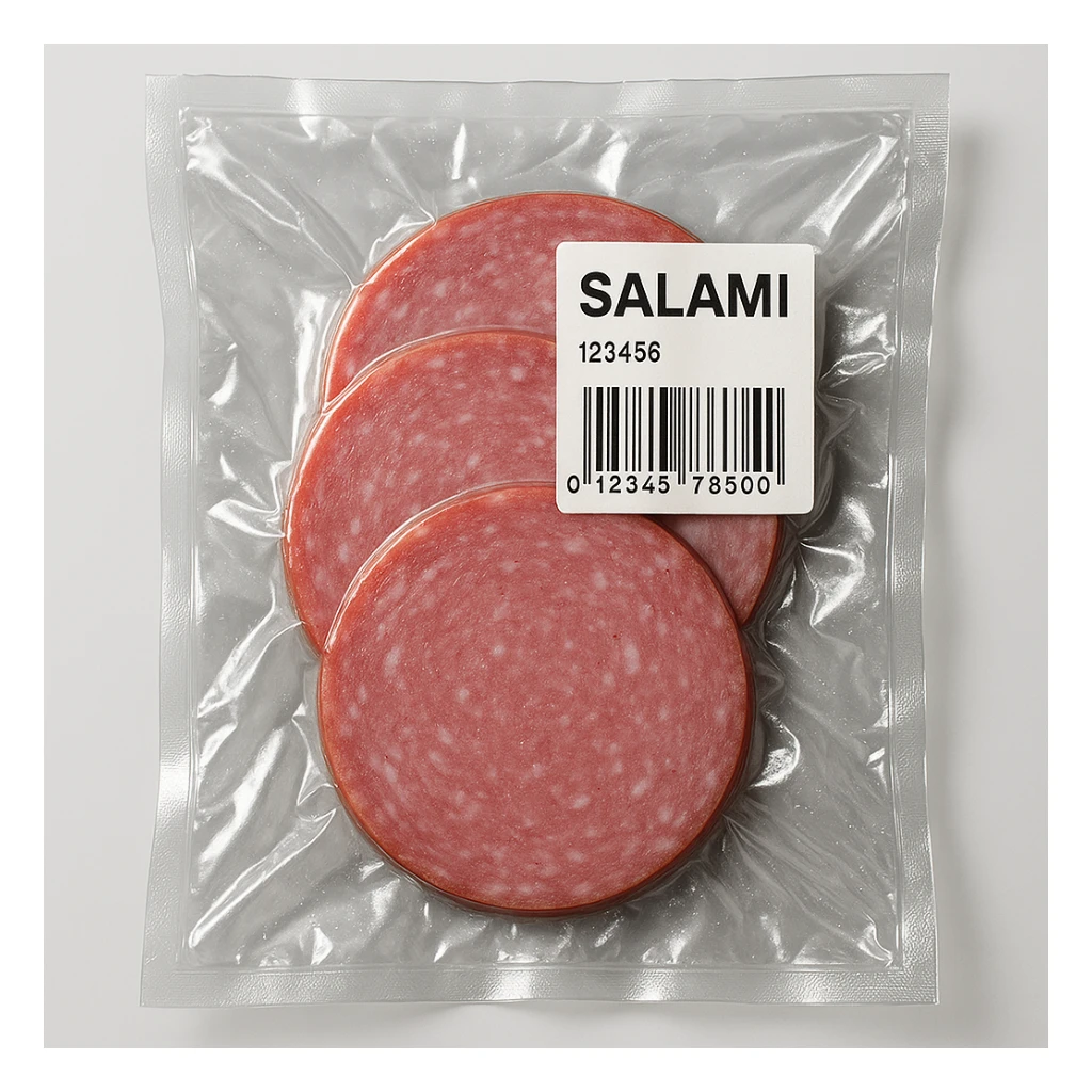 Create an image of pre-sliced salami in clear vacuum-sealed plastic packaging with a visible label. Use studio lighting and a clean background. The product inside should look like the salami in the reference image. sticker
