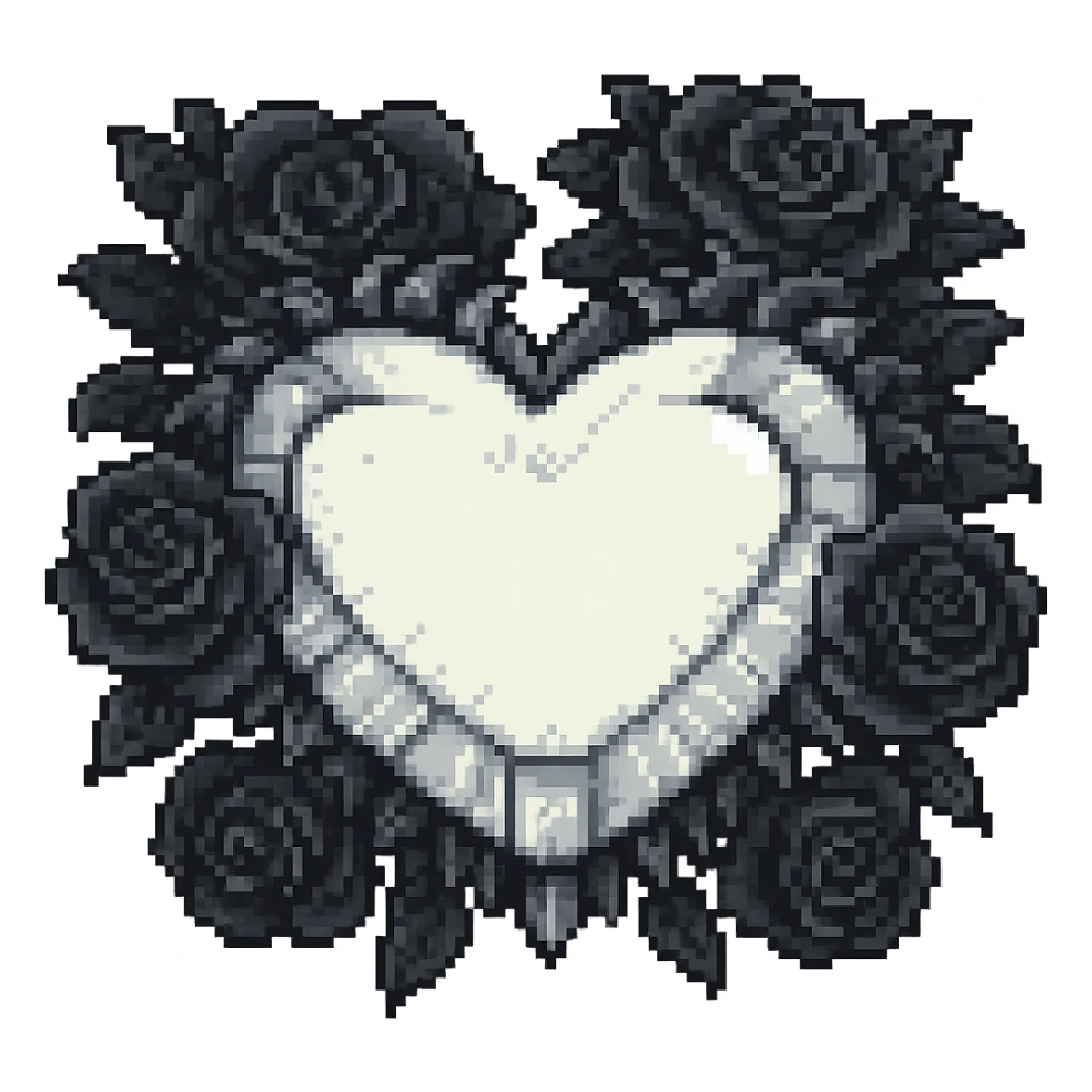 Add black gothic roses around the silver goth heart, keep the pixel art style, no background sticker