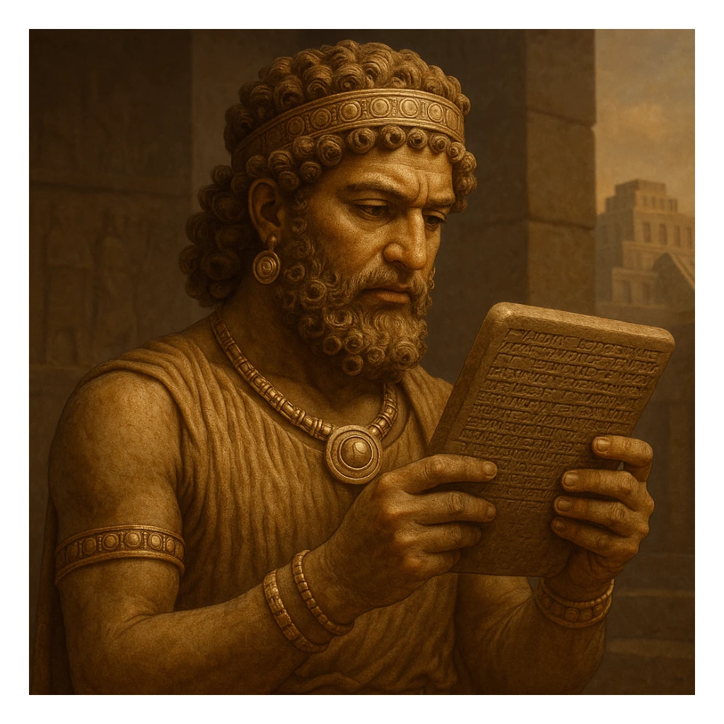 Curly-haired Sumerian god intently reading a stone tablet, adorned in ancient jewelry, Mesopotamian setting, dignified expression sticker