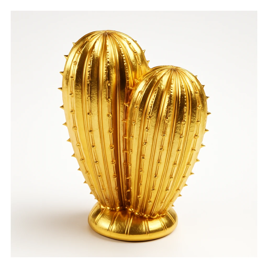 pair of cacti fused together, covered in shiny gold finish with rainbow reflections sticker