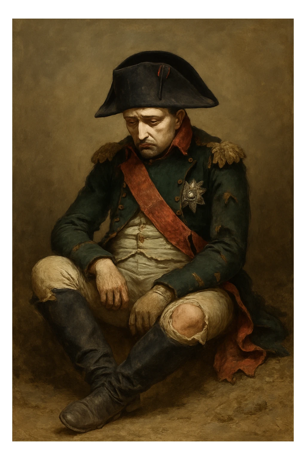 Сгенерируй мне этого наполеона, он в чуть-чуть рваной одежде, сидит и грустит. Он полностью помещается в кадр и не обрезается краями изображения. Сидит он на земле sticker